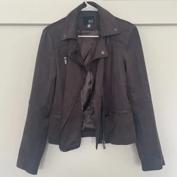 Kut from the Kloth faux suede moto jacket in dark grey / walnut - Picture 4 of 10
